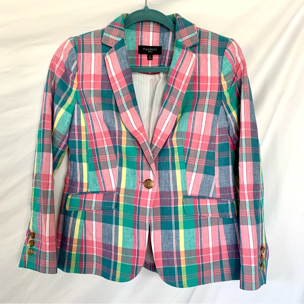 Talbots Petite colorful plaid blazer 2P with one button.